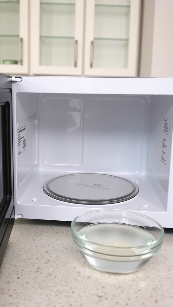 Microwave Vinegar Cleaning Solution A clean microwave interior with a bowl of vinegar solution on the countertop.